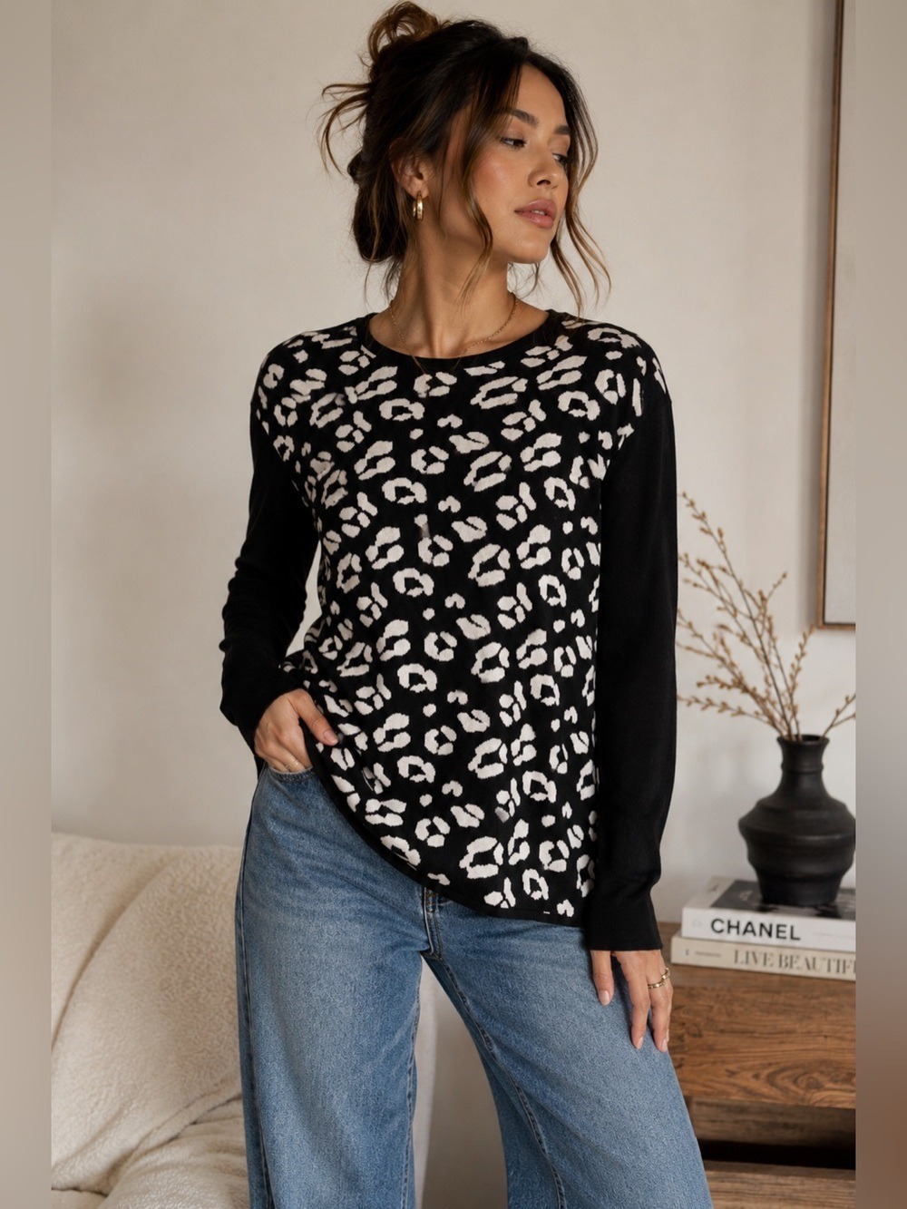 August Silk Black White Leopard Print Knit Sweater Medium